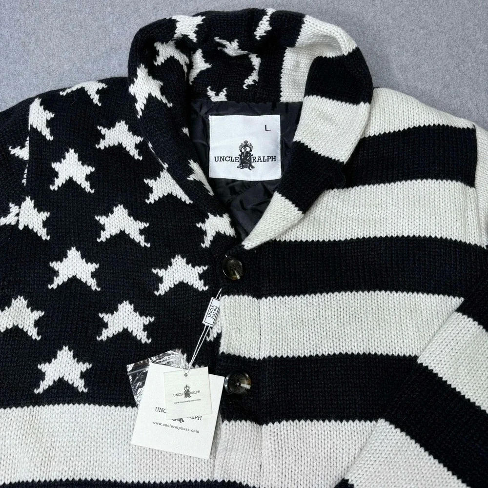 VINTAGE RARE Uncle Ralph UR-801 Men's Button Up Quilted Jacket Allover Flag Sz L